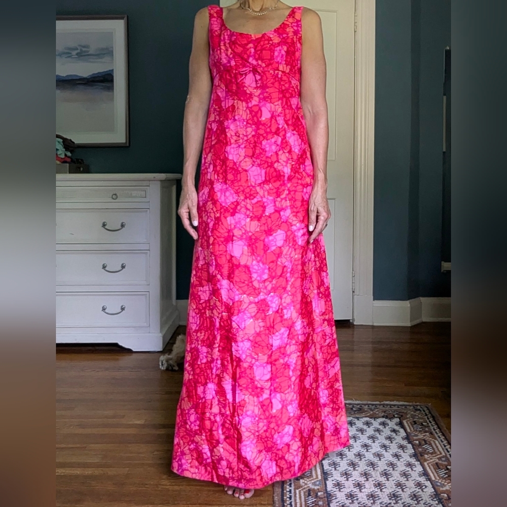 Vintage Silk Maxi Dress Hot Pink 60s Era